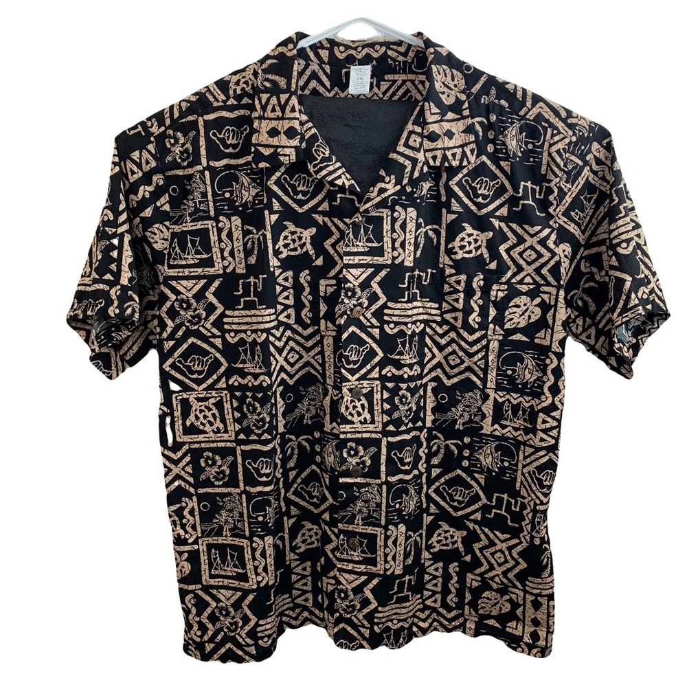 Palmwave Hawaii Mens Black and Tan Button Down Hawaiian Shirt Size 2XL